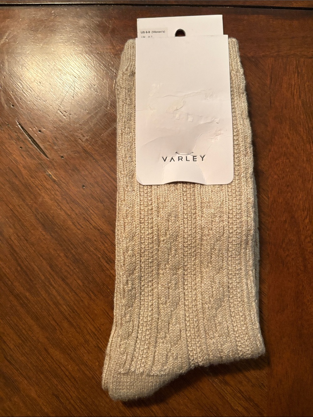 Varley women's primrose plush cable sock in a light brown / tan color brand new